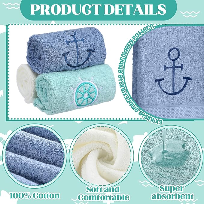 3 Pack Nautical Hand Towels for Bathroom 100% Cotton Embroidered Beach Bathroom Towels 13.78 x 29.53 Inch Soft Absorbent (White Green Blue, Lighthouse)