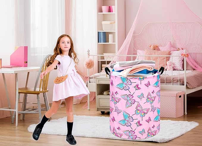 19.7 Inch Round Laundry Hamper Cute Butterfly Pattern Laundry Basket Fabric Storage Hamper Organization Bin, Toy Box,Gift Basket with Handles for Room