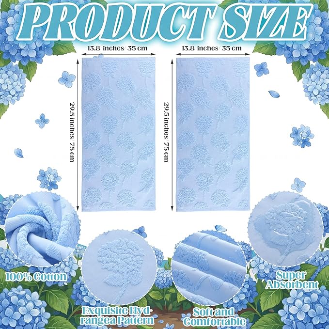 2 Pcs Blue Hydrangea Hand Towels for Bathroom Blue Hydrangea 100% Cotton Jacquard Weave Bath Towel Set Soft Absorbent Washcloth for Bathroom Kitchen Summer Theme Gifts 13.8 x 29.5 Inch