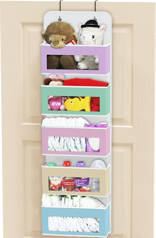 Simple Houseware 5 Clear Window Pocket Over Closet Door Storage Hanging Organizer for Bedroom, Bathroom, Pantry, Colorful