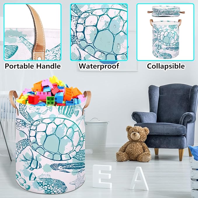 Large Laundry Hamper Basket Ocean Theme Round Freestanding Clothes Basket, Sea Turtle Collapsible Storage Organizer Bin with Leather Handles for Dirty Clothes Toys, Nursery Home Storage 16"W x 20"H