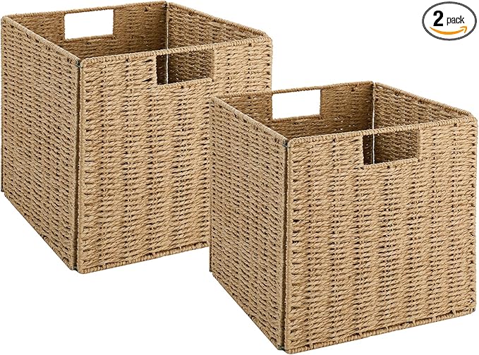 Vagusicc Wicker Storage Basket, Set of 2 Hand-Woven Storage Baskets for Shelves with Handles Foldable Cube Storage Baskets Bins, 9 inch Wicker Baskets for Pantry Bedroom Organizer &Decor, Natural