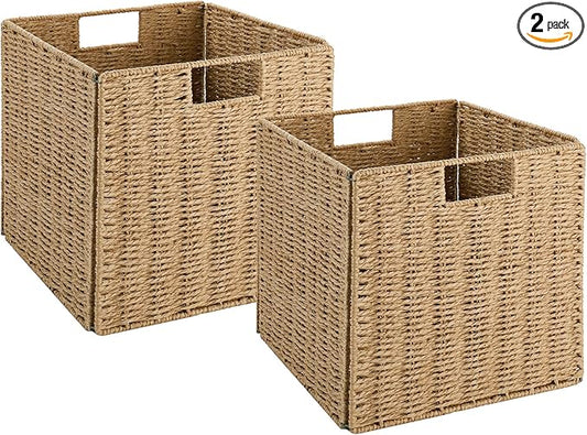 Vagusicc Wicker Storage Basket, Set of 2 Hand-Woven Storage Baskets for Shelves with Handles Foldable Cube Storage Baskets Bins, 9 inch Wicker Baskets for Pantry Bedroom Organizer &Decor, Natural