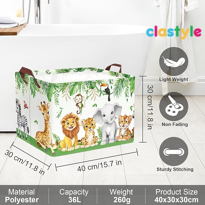 Clastyle Safari Animal Laundry Basket Leaf Kids Clothes Book Storage Basket Gift Toy Box for Bedroom Decor,Elephant Lion Giraffe,40x30x30 cm