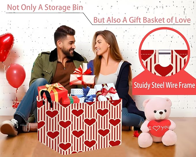 Large Valentine's Day Basket Heart Shaped Storage Bin for Gifts Collapsible Organizer Room Decor (Vertical Bar Red Love)