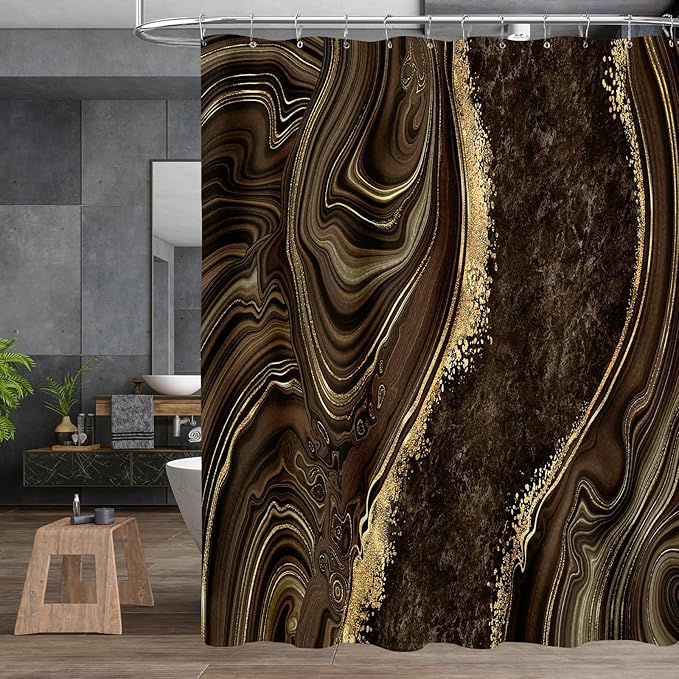 4PCS Brown Marble Bathroom Sets with Shower Curtain and Rugs, Modern Gold Shower Curtain Sets with Rugs for Bathroom Decor, Bathroom Curtains Shower Set with Toilet Lid Cover Accessories