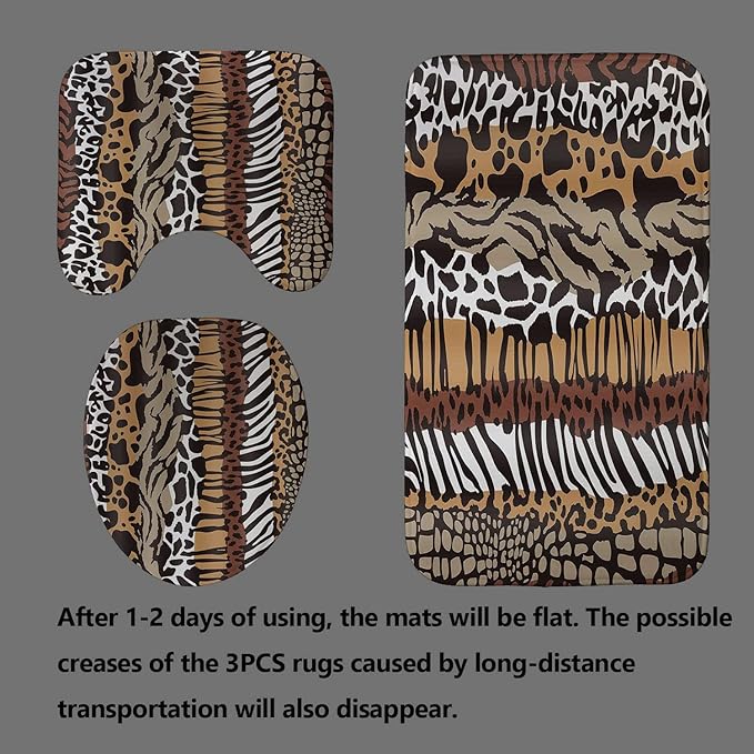 4PCS Leopard Print Shower Curtain Set, African Safari Stripes Tiger Zebra Crocodile Cow Cheetah Print Bathroom Decor, Waterproof Fabric Shower Curtain Non-slip Bath Mat Toilet Rug, Animal Skin