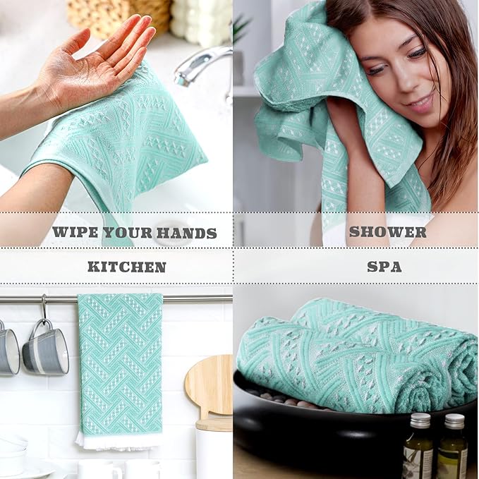 4 Pack Boho Bathroom Hand Towel 14 x 30 Inch 100% Turkish Cotton Decorative Boho Kitchen Hand Towel Farmhouse Bathroom Decor Set Absorbent Soft Guest Tea Gift (Aqua,White)