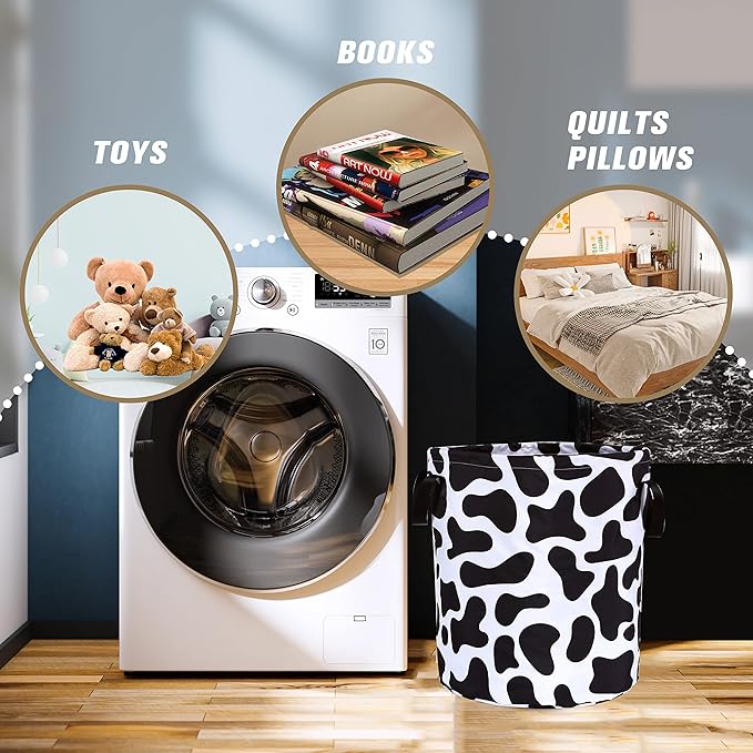 Cow Print Laundry Basket Animal Foldable Oxford Cloth Funny Tote Bag Laundry Hamper Clothes Storage Bucket Organizer For Bathroom/Laundry Storage/Bedroom Storage Basket 17.7x13.7 Inch