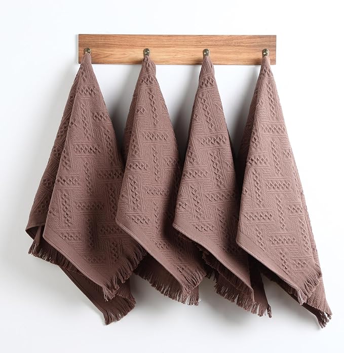4 Pack Boho Bathroom Hand Towel 14 x 30 Inch 100% Turkish Cotton Decorative Boho Kitchen Hand Towel Farmhouse Bathroom Decor Set Absorbent Soft Guest Tea Gift(Brown)