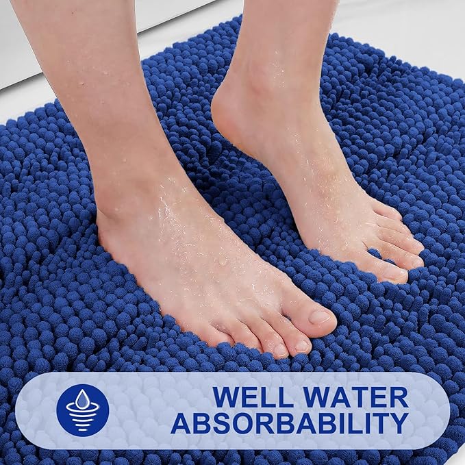 Grandaily Chenille Striped Bathroom Rugs 24x16, Extra Thick and Absorbent Bath Mats, Non-Slip Soft Plush Shaggy Shower Carpet, Machine Wash Dry, Bath Rug for Bathroom, (Small, Cobalt Blue)