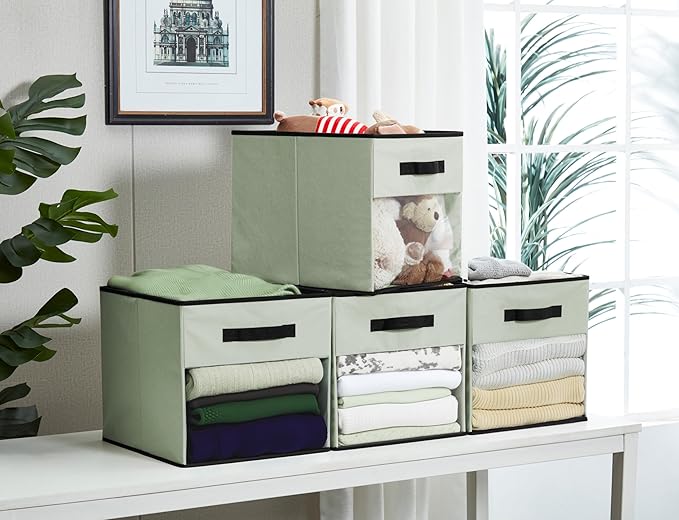 DECOMOMO Kallax Storage Cubes, 13x13x15 Storage Cube Bins with Window, Baskets for Organizing Shelves (Kallax / 4pcs, Green)