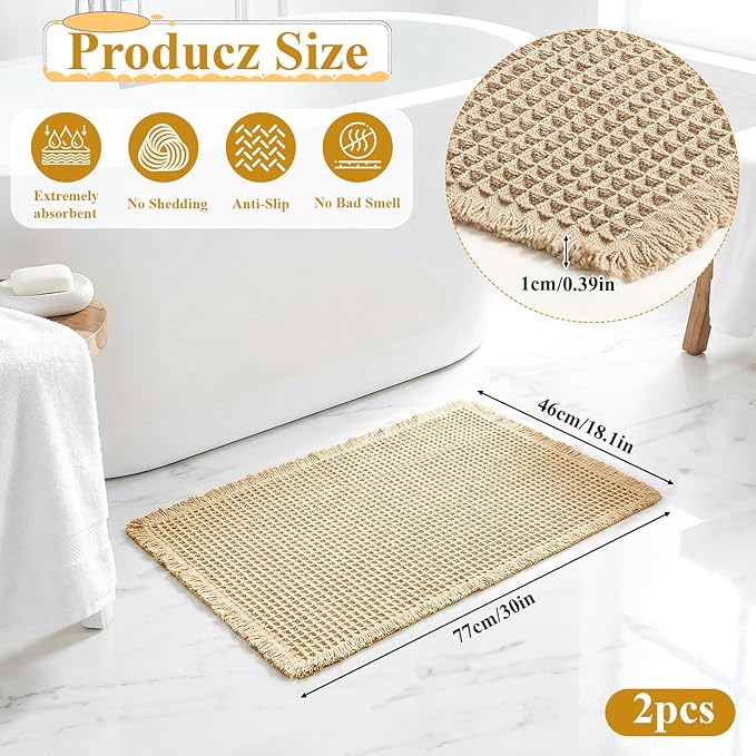 2pcs Waffle Bathroom Rugs Waffle Bath Mat Boho Bath Rugs Non Slip Washable Absorbent Baths Mats Soft Rubber Backed Shower Mats Bathroom Runner Rug for Bedroom Kitchen Shower Tub Hallway Laundry Room