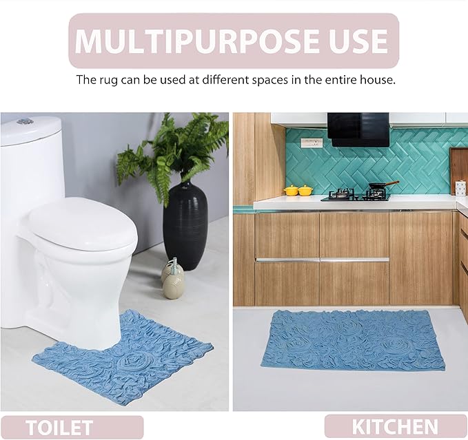 Home Weavers Bell Flower Collection 100% Cotton Tufted Bath Rugs, Extra Soft and Absorbent Bath Rugs, Non-Slip Bath Mats, Machine Washable, Bath Mats for Bathroom Floor, 17"x24" Rectangle, Sky Blue