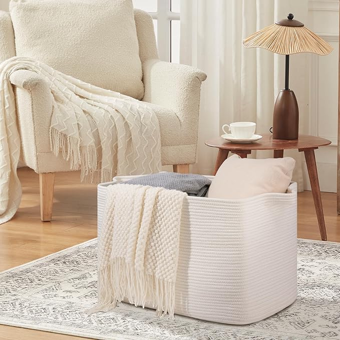 108L Extra Large Blanket Basket, 24.8" x 16.2" x 16.2" Rectangle Woven Storage Baskets for Living Room, Nursery, Bedroom, Toy Basket with Handle (White)