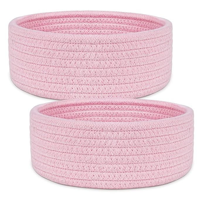 ABenkle 2 Pack Small Baskets, Cotton Rope Woven Basket, Cute Mini Tiny Storage Baskets, Decorative Boho Basket for Nursery Living Room Bedroom Shelf, Empty Gift Basket - Pink