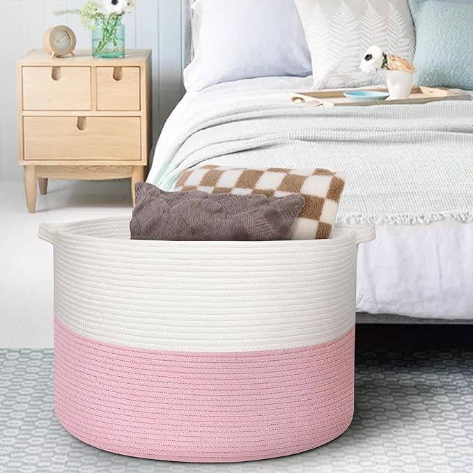 115L Pink Basket for Organizing, 23.6“x15.7" XXXL Blanket Storage for Living Room, Extra Large Toy Box, Soft Woven Cotton Rope Bin, Decorative Baby Nursery Basket, Girls Pink Room Decor