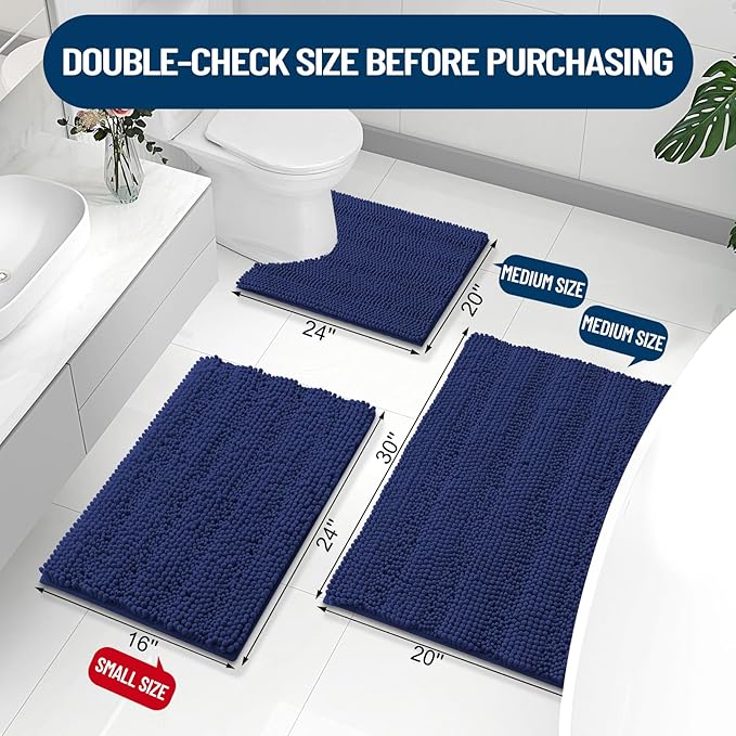 Grandaily Chenille Striped Bathroom Rugs 70x24, Extra Thick and Absorbent Bath Mats, Non-Slip Soft Plush Shaggy Shower Carpet, Machine Wash Dry, Bath Rug for Bathroom, Navy