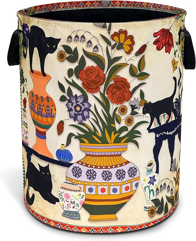 Black Cat Flowers Laundry Basket Floral Vase Art Oxford Cloth Laundry Hamper Funny With Handle Foldable Portable Clothes Storage Basket 18.9 X 16.5 In Storage Bag For Laundry Room/Bathroom/Bedroom