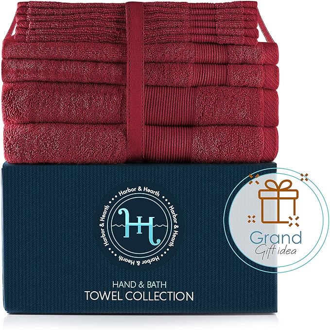 Hearth & Harbor Bath Towels for Bathroom - 100% Ring Spun Cotton Luxury Bathroom Towels - Ultra Soft & Highly Absorbent, Bath Towels Set of 10 - Burgundy Red