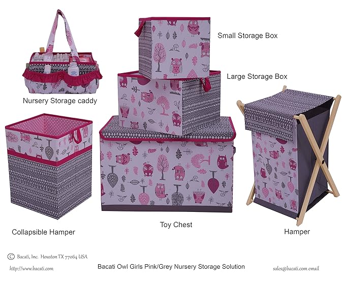 Bacati Owls Girls Cotton Nursery Storage Caddy, Pink/Grey