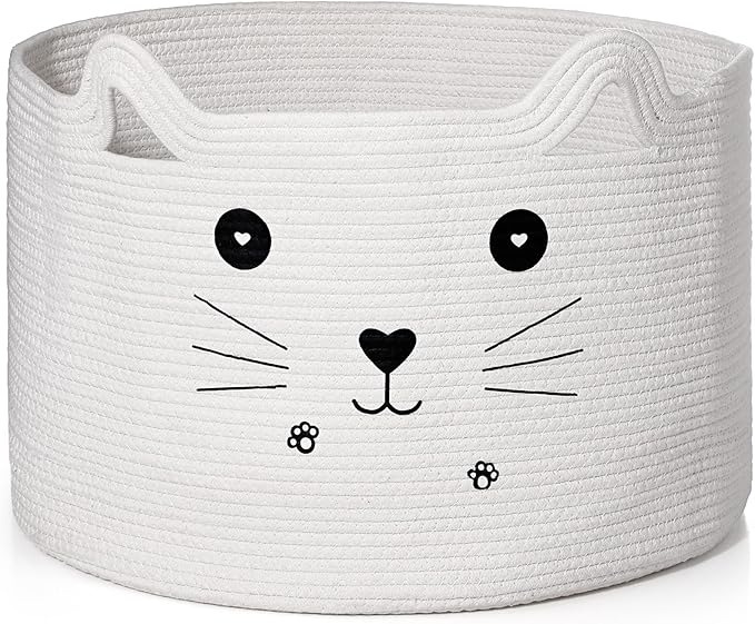 Zopeal Cat Basket Storage Woven Organizer with Ears Christmas Decorative Pet Toy Cute Cotton Rope Basket for Gift Cat Dog Toy Bin Nursery Room(21.7 x 13.8 Inch,White)