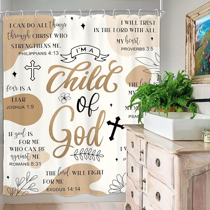 Homewelle Light Brown Abstract Bible Verse Shower Curtain Scripture Christian Boho Mid Century Inspirational Quotes 60Wx72H Inch Minimalist Geometric Plant Waterproof Polyester Fabric Bathroom Bathtub