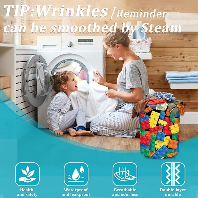 Colorful Building Blocks Laundry Basket, Funny Bricks Laundry Hamper Foldable Waterproof Tote Bag Dirty Clothes Storage Bucket Toy Organizer for Bathroom/Laundry/Bedroom 15.7"x19.6"