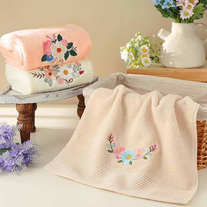 3 Pcs Boho Flowers Hand Towels Embroidered Modern Flowers Bathroom Decor 14x29 Inch Farmhouse Boho 100% Cotton Soft Decorative Hand Towels for Bathroom Kitchen