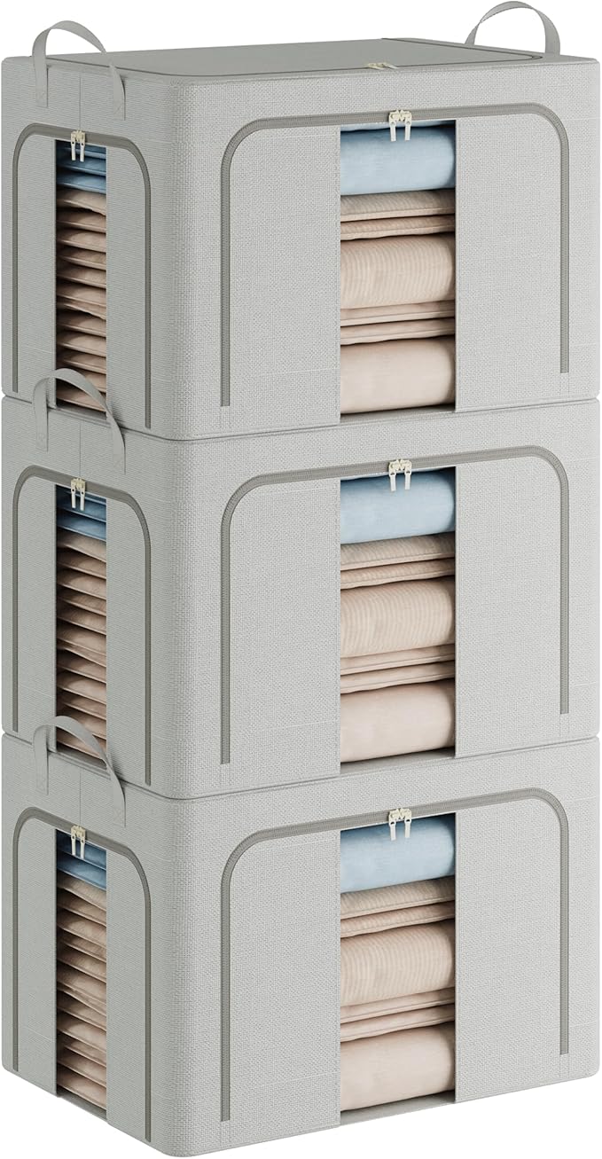 Pinkpum 3 Pack Clothes Storage Bins with Metal Frame, Closet Organizers and Storage Boxes, Stackable & Foldable Clothes Organizer Bags with Large Clear Window & Long Carry Handles, Grey 100L