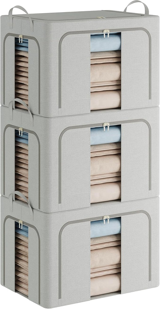 Pinkpum 3 Pack Clothes Storage Bins with Metal Frame, Closet Organizers and Storage Boxes, Stackable & Foldable Clothes Organizer Bags with Large Clear Window & Long Carry Handles, Grey 100L