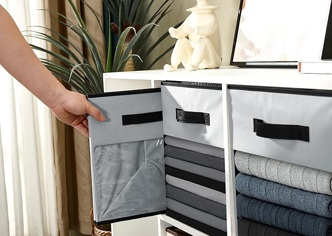 DECOMOMO Kallax Storage Cubes, 13x13x15 Storage Cube Bins with Window, Baskets for Organizing Shelves (Kallax / 4pcs, Grey)