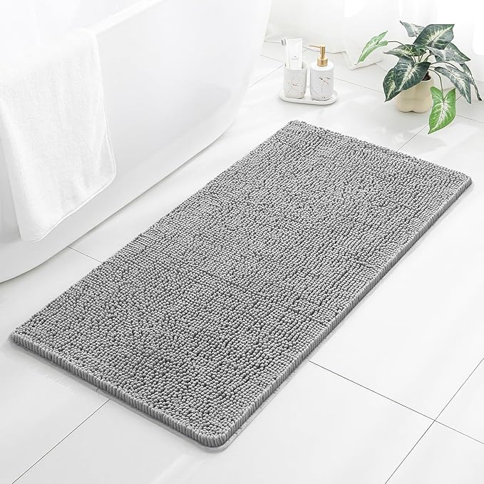 Gray Bathroom Rugs 26"x44" - Thick Plush Chenille Non-Slip Bath Mat - Absorbent, Washable, Soft Decor for Sink, Shower, Tub, Kitchen, Vanity, Home Accessories