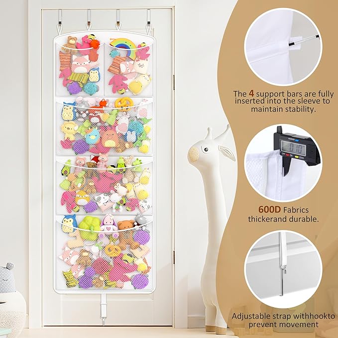 Stuffed Animal Storage Hammock – Over the Door Hanging Toy Organizer & Plush Toy Holder with Metal Hooks & Support Bars, Capacity Mesh Net for Easy Access, Kids Room, Playroom/Nursery, White