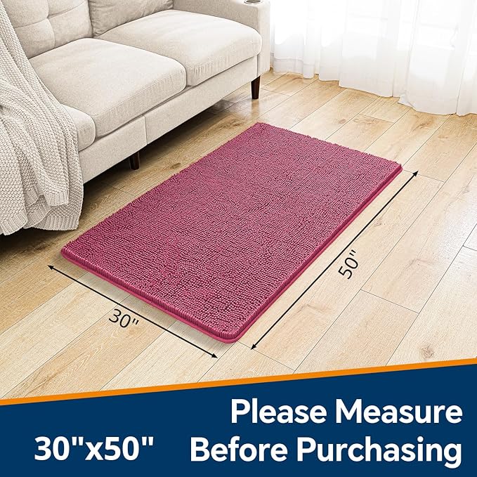 Hot Pink Bathroom Rugs 30"x50" - Large Plush Chenille Non-Slip Runner Bath Mat - Absorbent, Washable, Soft Decor for Shower, Sink, Tub, Floor, Home Accessories