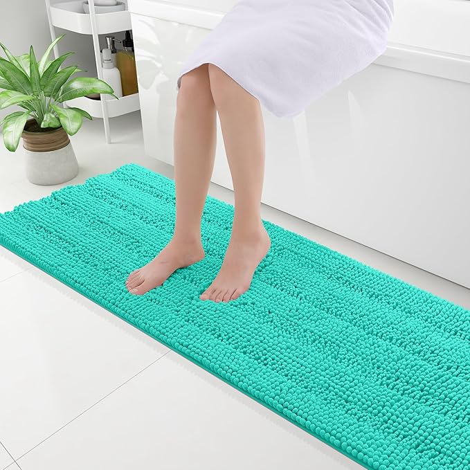 Grandaily Chenille Striped Bathroom Rugs 59x20, Extra Thick and Absorbent Bath Mats, Non-Slip Soft Plush Shaggy Shower Carpet, Machine Wash Dry, Bath Rug for Bathroom, Teal