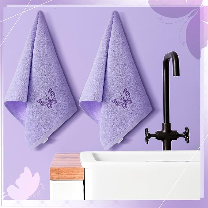 2 Pcs Butterfly Hand Towels Light Purple Bathroom Decor 14x29 Inch Embroidered 100% Cotton Soft Absorbent Spring Summer Washcloths Decorative Hand Towels for Bathroom Kitchen