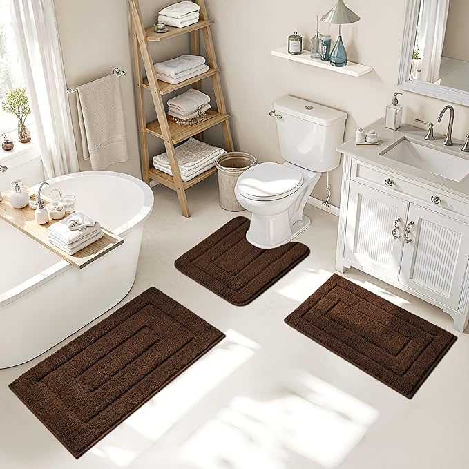 GRANNY SAYS Bathroom Rugs Sets 3 Piece, Soft Absorbent Microfiber Bath Mats for Bathroom Non Slip Washable, U-Shaped Toilet Bath Rugs for Tub Shower (Brown, 16" x 24" + 20" x 32" + U Shaped 20" x 24")