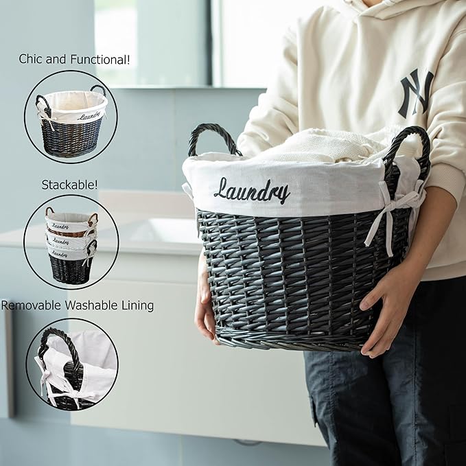 Wickerwise Handwoven Laundry Basket with Liner & Handles - Boho Decorative Storage Hamper for Clothes Blankets Pillows and Towels - Ideal for Laundry Room Bathroom Bedroom and Living Room, Black