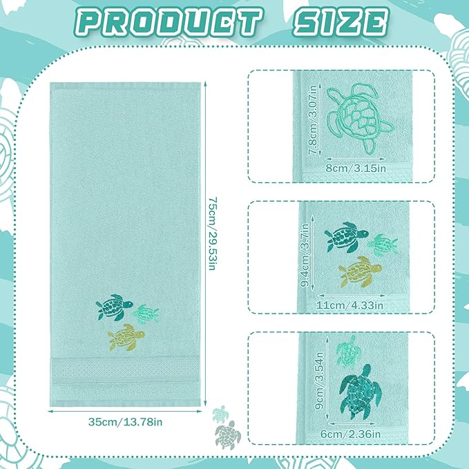 3 Pack Sea Turtle Coastal Hand Towels for Bathroom 100% Cotton Embroidered Beach Bathroom Towels 13.78 x 29.53 Inch Soft Absorbent (Green, Sea Turtles)