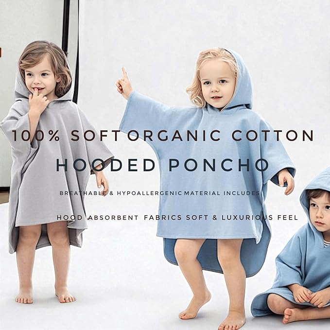 Hooded Poncho Towel for Toddler Boy & Girl - 100% Soft Organic Cotton, Absorbent, Breathable, Lightweight. Ideal for Bath, Pool, Beach 2-3T (Blue, 2-3T)