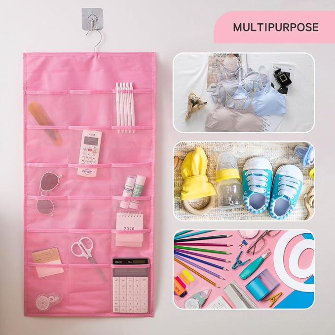 Closet Hanging Organizer with Mesh Pockets & Rotating Metal Hanger,Dual Sided Hanging Closet Mesh Pockets Organizer for Underwear, Stocking, Bra and Sock(Pink：12+18 Pockets)