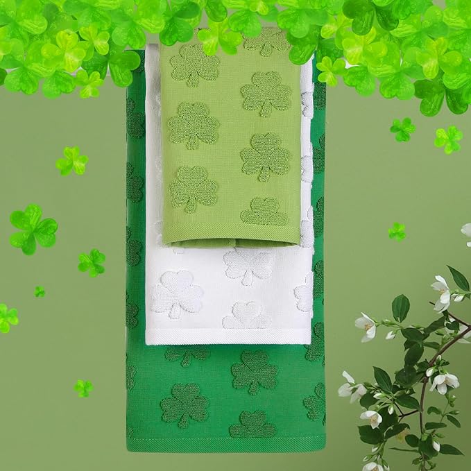 3 Pack St. Patrick's Day Hand Towels Green White Clover Shamrocks 100% Cotton Decorative Bathroom Towels Set for Drying, Cleaning, Cooking, Everyday Use,13.7'' x 29.5''