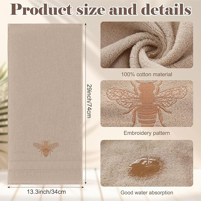 2 Pcs Bee Hand Towels Brown Bathroom Decor 14x29 Inch Embroidered 100% Cotton Soft Absorbent Spring Summer Decorative Hand Towels for Bathroom Kitchen
