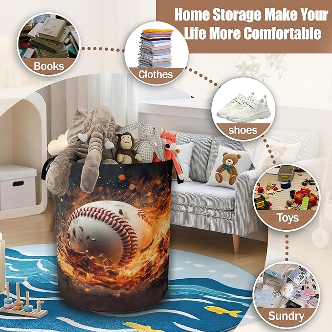 Sport Baseball Ball In Fire Laundry Hamper, Collapsible Laundry Baskets Waterproof Oxford Cloth With Handles,Clothes Storage Bucket Toy Organizer For Bathroom/Nursery/Bedroom 16" x 20.8"