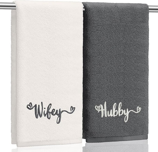 2 Pcs Wifey Hubby Hand Towels 100% Cotton Embroidered Bathroom Towel Gift for Valentine's Day Wife Husband Wedding Engagement Anniversary Bathroom Decor 29 x 13 Inch