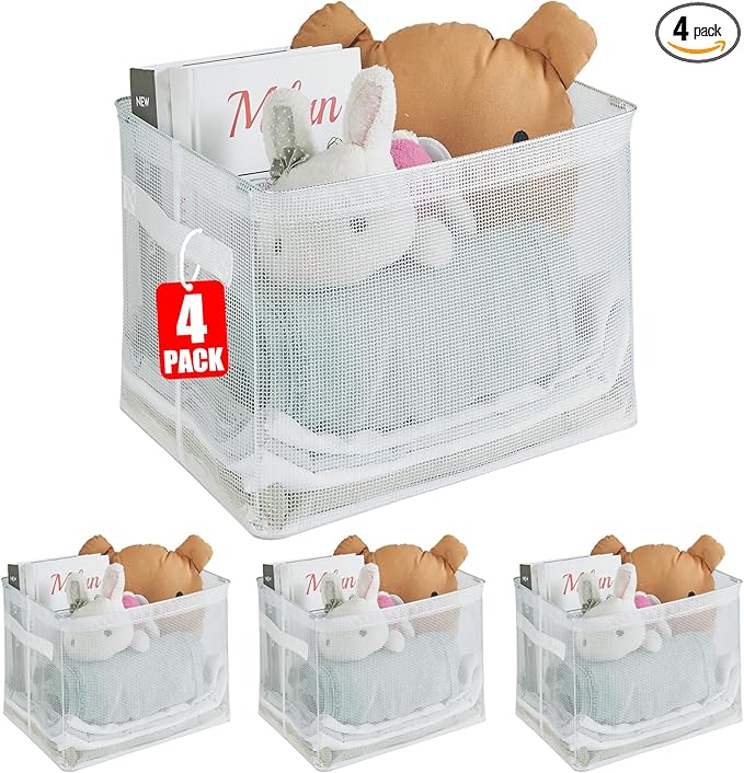 Clear Large Storage Baskets for Shelves, Collapsible Storage Bins with Handles for Clothes, Sheets, Books | Shelf Baskets for Home and Closet Organizer (Clear, 4 Pack)
