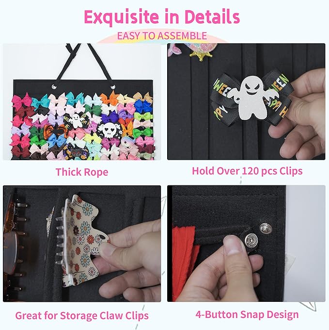 Hair Bow Organizer for Girls, Baby Hair Clips Holder Wall Hanging, Large Felt Bow Storage Display for Girls Hair Bows & Claw Clips, Ribbons, Headbands – Nursery Room Decor (Black)