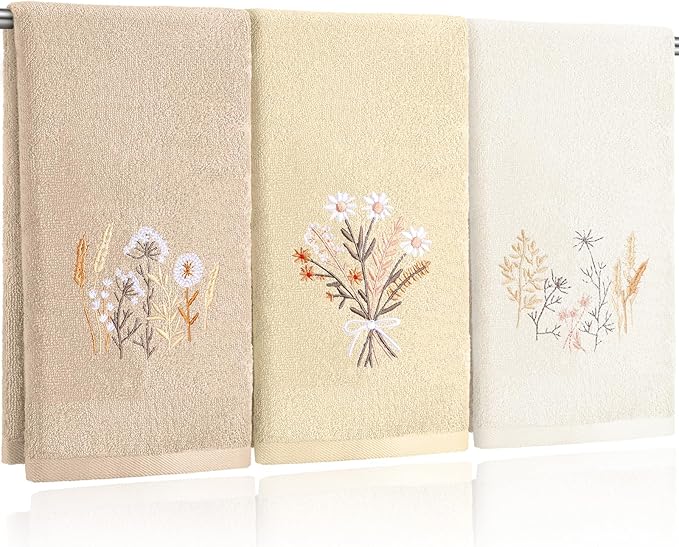 3 Pcs Boho Flowers Hand Towels Farmhouse Floral Brown Wildflowers Bathroom Decor 14x29 Inch Embroidered Boho 100% Cotton Soft Decorative Hand Towels for Bathroom Kitchen