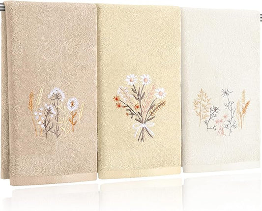 3 Pcs Boho Flowers Hand Towels Farmhouse Floral Brown Wildflowers Bathroom Decor 14x29 Inch Embroidered Boho 100% Cotton Soft Decorative Hand Towels for Bathroom Kitchen